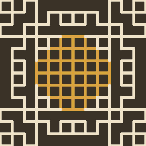 A seamless pattern of gold fretwork panels on dark brown