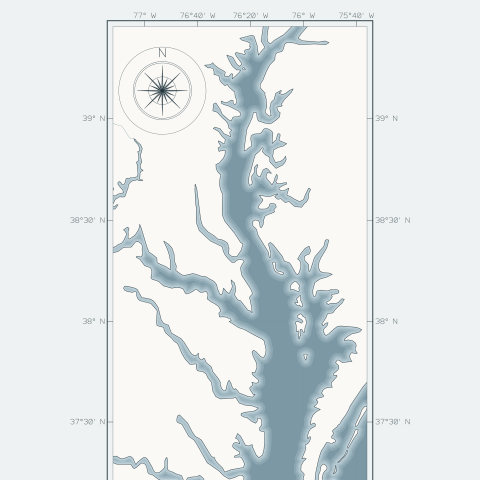 A stylised chart of Chesapeake Bay in tinted bands of blue