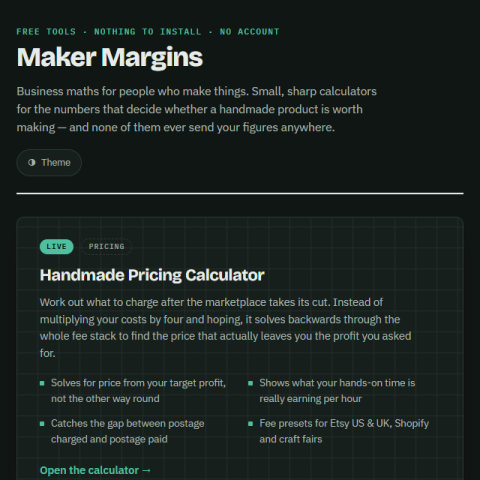 The Maker Margins home page, headed "business maths for people who make things", above a pricing calculator card