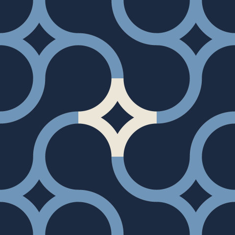 A seamless indigo pattern of interlocking curves with pale four-pointed stars