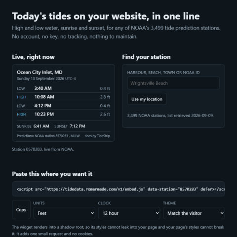 A tide card listing today's high and low water times for Ocean City Inlet