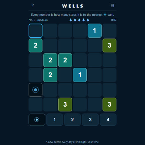 A dark puzzle grid of coloured squares holding single digits